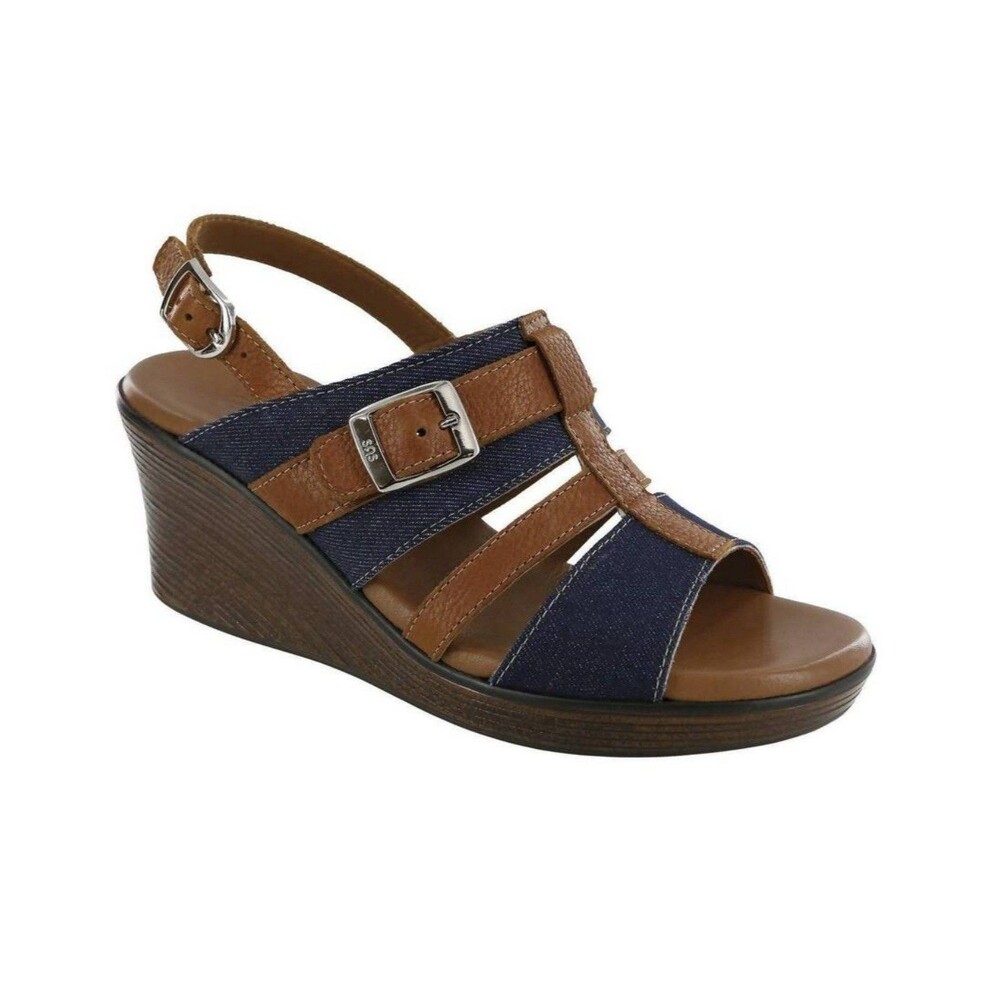 SAS Layla Brie Strappy‎ Denim Jean & Leather Wedge Sandal Shoe Size 10 M